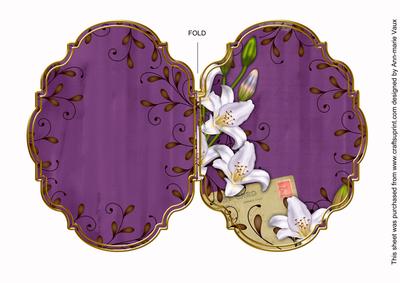 White Lily Swirls Purple 7x5in Fancy Bracket Folded Card