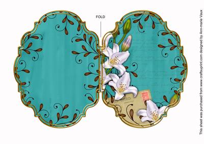 White Lily Swirls Teal 7x5in Fancy Bracket Folded Card