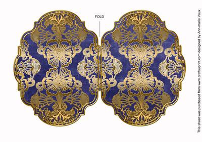 Blue Gold Damask 7x5in Fancy Bracket Folded Card