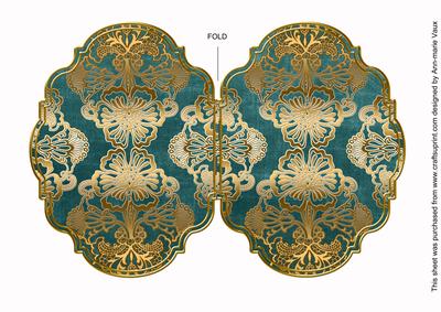 Dusky Teal Gold Damask 7x5in Fancy Bracket Folded Card