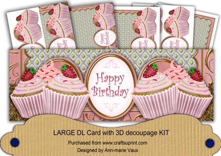 Strawberry Cupcake Happy Birthday Larg Dl Decoupage Card Kit