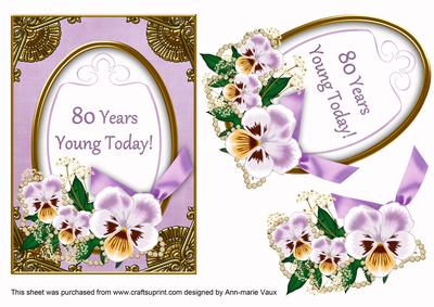 Lilac Pansies 80 Years Young! Oval 7x5in Step by Step