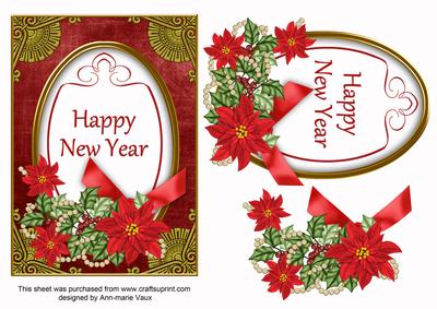 Red Poinsettia Happy New Year Oval 7x5in Step by Step