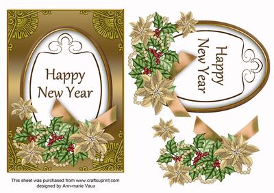 Gold Poinsettia Happy New Year Oval 7x5 Step by Step