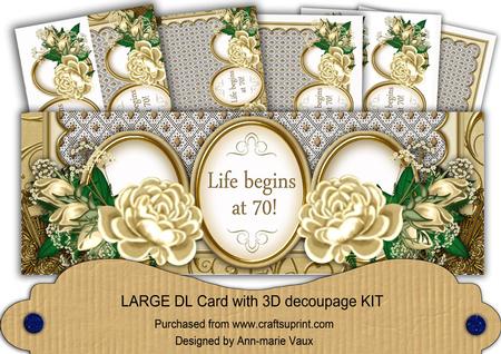 Cream Rose Life Begins at 70! Large Dl Decoupage Card Kit