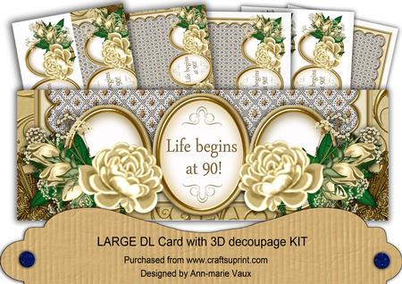 Cream Rose Life Begins at 90! Large Dl Decoupage Card Kit