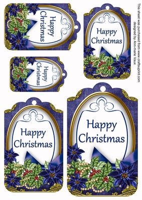 Dark Blue Poinsettia Happy Christmas Sentiment Tag Sheet