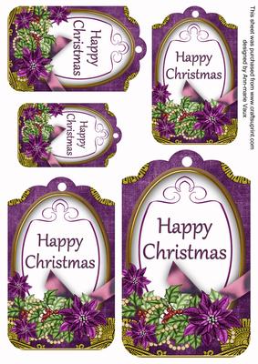 Dark Purple Poinsettia Happy Christmas Sentiment Tag Sheet