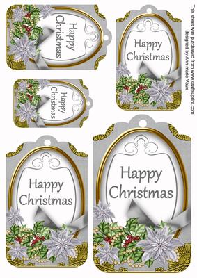 Silver Poinsettia Happy Christmas Sentiment Tag Sheet