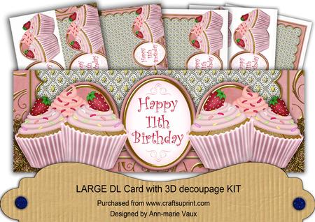 Pink Strawberry Cupcake 11th Birthday Large Dl Card Kit