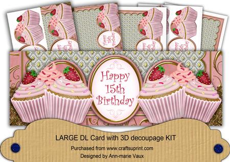 Pink Strawberry Cupcake 15th Birthday Large Dl Card Kit