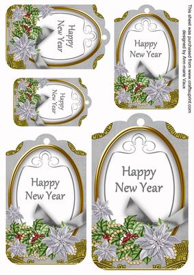 Silver Poinsettia Happy New Year Sentiment Tag Sheet