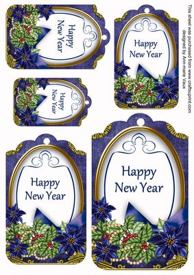 Dark Blue Poinsettia Happy New Year Sentiment Tag Sheet