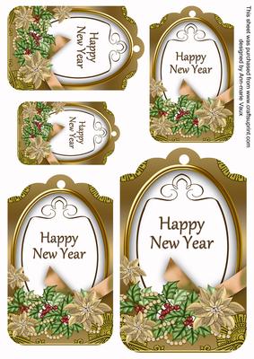 Gold Poinsettia Happy New Year Sentiment Tag Sheet