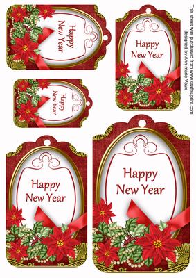 Red Poinsettia Happy New Year Sentiment Tag Sheet