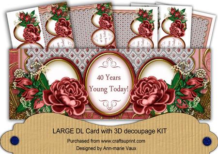 Deep Pink Rose 40 Years Young! Large Dl Decoupage Card Kit
