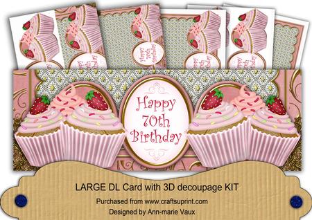 Pink Strawberry Cupcake 70th Birthday Large Dl Card Kit