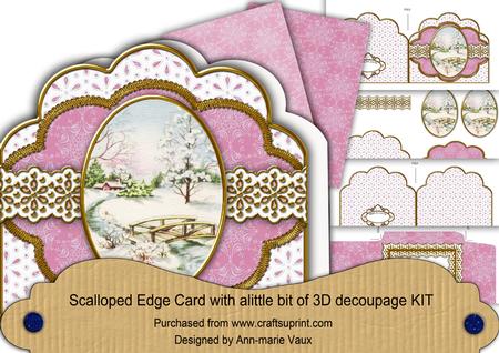 Pretty Snowscene Pink Anglaise Scallop 3D Decoupage Card Kit