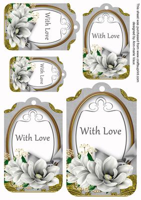 Silver Magnolia with Love Sentiment Tag Sheet