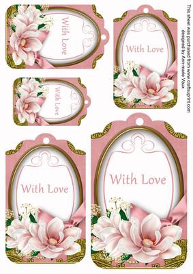 Pink Magnolia with Love Sentiment Tag Sheet
