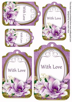 Purple Magnolia with Love Sentiment Tag Sheet