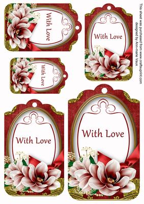 Red Magnolia with Love Sentiment Tag Sheet