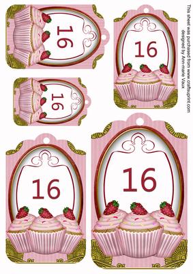 Pink Strawberry Cupcake 16 Sentiment Tag Sheet