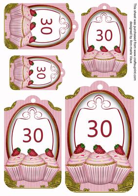 Pink Strawberry Cupcake 30 Sentiment Tag Sheet