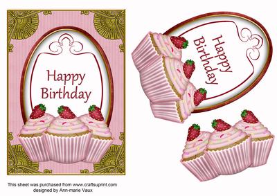 Pink Strawberry Cupcake Happy Birthday 7x5in Step by Step