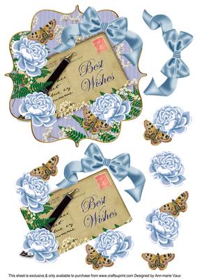 Blue Rose Best Wishes 6in Bracket Decoupage Topper