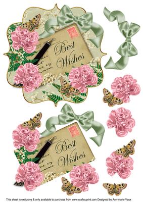 Pink Carnations O Best Wishes 6in Bracket Decoupage Topper