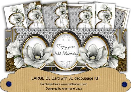 Silver Magnolia 30th Birthday Large Dl Decoupage Card Kit