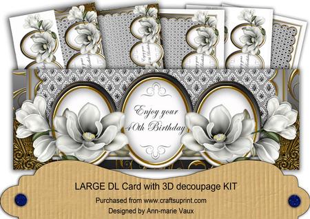Silver Magnolia 40th Birthday Large Dl Decoupage Card Kit