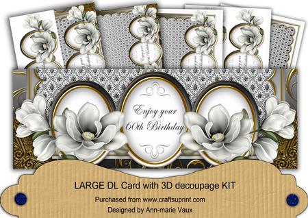 Silver Magnolia 60th Birthday Large Dl Decoupage Card Kit
