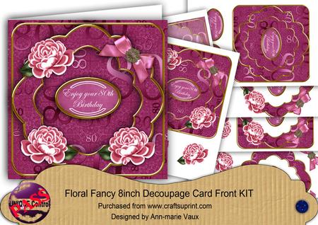 Cerise Rose 80th Birthday Fancy 8in Decoupage Card Front Kit