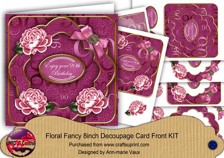 Cerise Rose 90th Birthday Fancy 8in Decoupage Card Front Kit