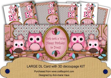 Pink Owls Twittwitawoo Birthday Large Dl Decoupage Card Kit