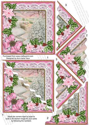 Pink Snowscene Poinsettia 5in Triangle Wavy Corner Stacker