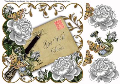 Silver Roses Get Well Soon 8in Scallop Decoupage Topper