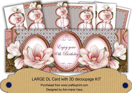 Pink Magnolia 80th Birthday Large Dl Decoupage Card Kit