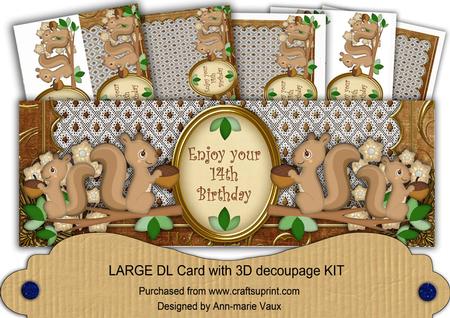 Tea Squirrels 14th Birthday Large Dl Decoupage Card Kit