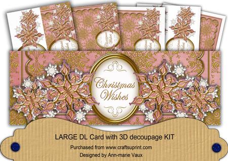 Pink Gold Flake Christmas Wishes Large Dl Decoupage Card Kit