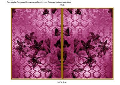 Cerise Flower Side Damask 7x5in Cut and Fold Card