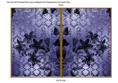 Dark Blue Flower Side Damask 7x5in Cut and Fold Card