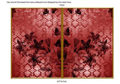 Dark Red Flower Side Damask 7x5in Cut and Fold Card