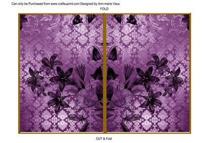 Purple Flower Side Damask 7x5in Cut and Fold Card