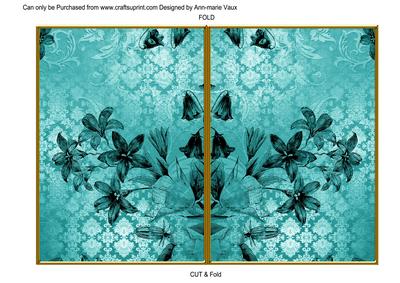 Teal Flower Side Damask 7x5in Cut and Fold Card