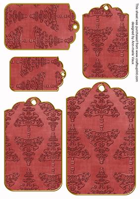 Dark Red Embossed Christmas Trees Tag Embellishment Sheet