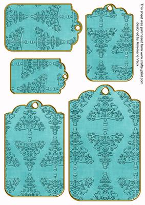Teal Embossed Christmas Trees Tag Embellishment Sheet