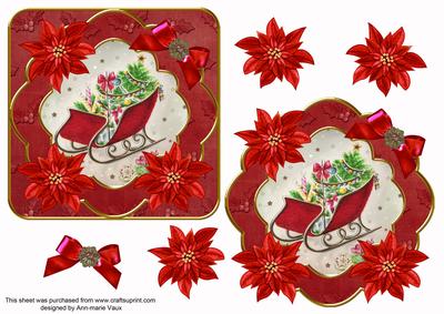 Red Sleigh Poinsettia Fancy 3D Decoupage Topper